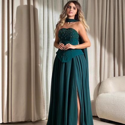 Luxury Green Beaded Corset Evening Dress with Cape LA73367 - SERENE HILL