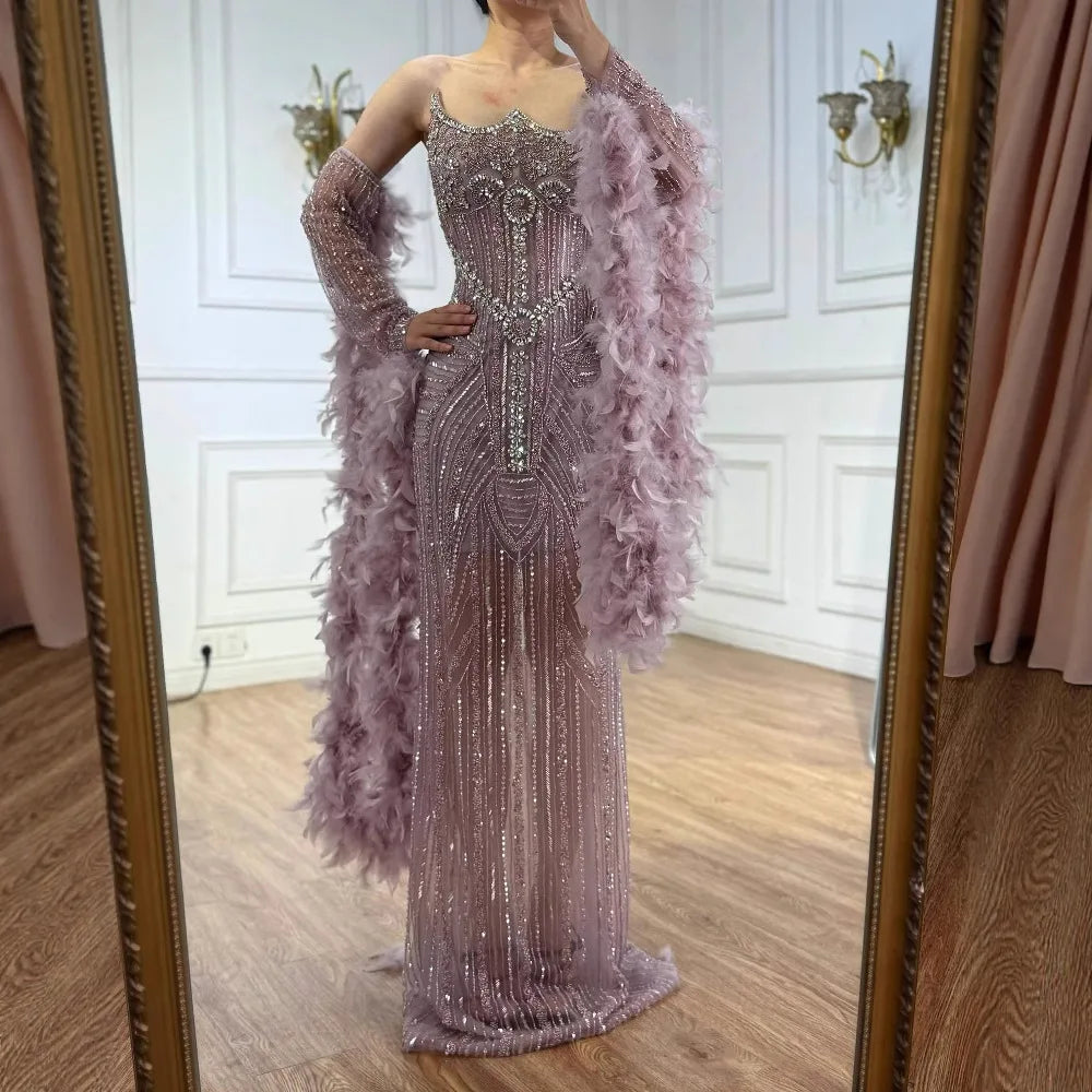 Luxury Caramel Beaded Evening Dress with Feather Sleeves LA73055 - SERENE HILL