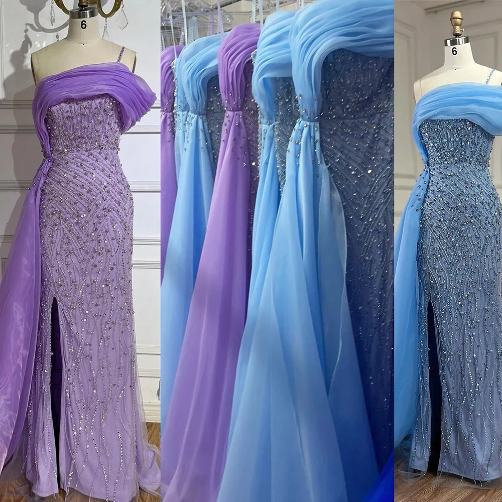 Luxury One Shoulder Blue Evening Dress with Overskirt LA72244A - SERENE HILL