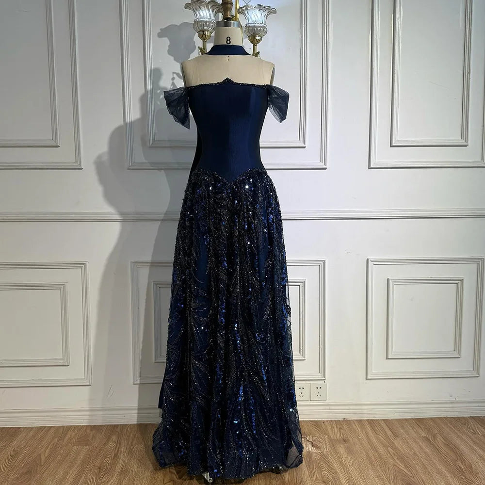 Luxury Arabic Navy A Line Evening Dress with Beading LA73050  SERENE HILL
