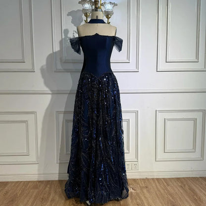 Luxury Arabic Navy A-Line Evening Dress with Beaded LA73050 - SERENE HILL