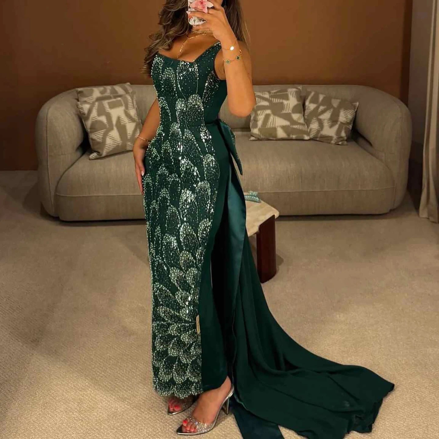 Luxury Evening Dress Emerald Green Bow Sheath Straight With Train LA73380 - SERENE HILL
