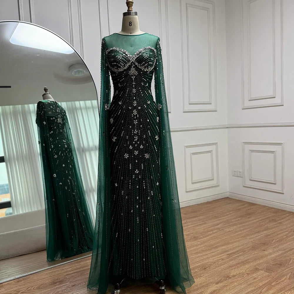 Luxury Green Beaded Mermaid Dress with Cape Sleeves LA73115 - SERENE HILL