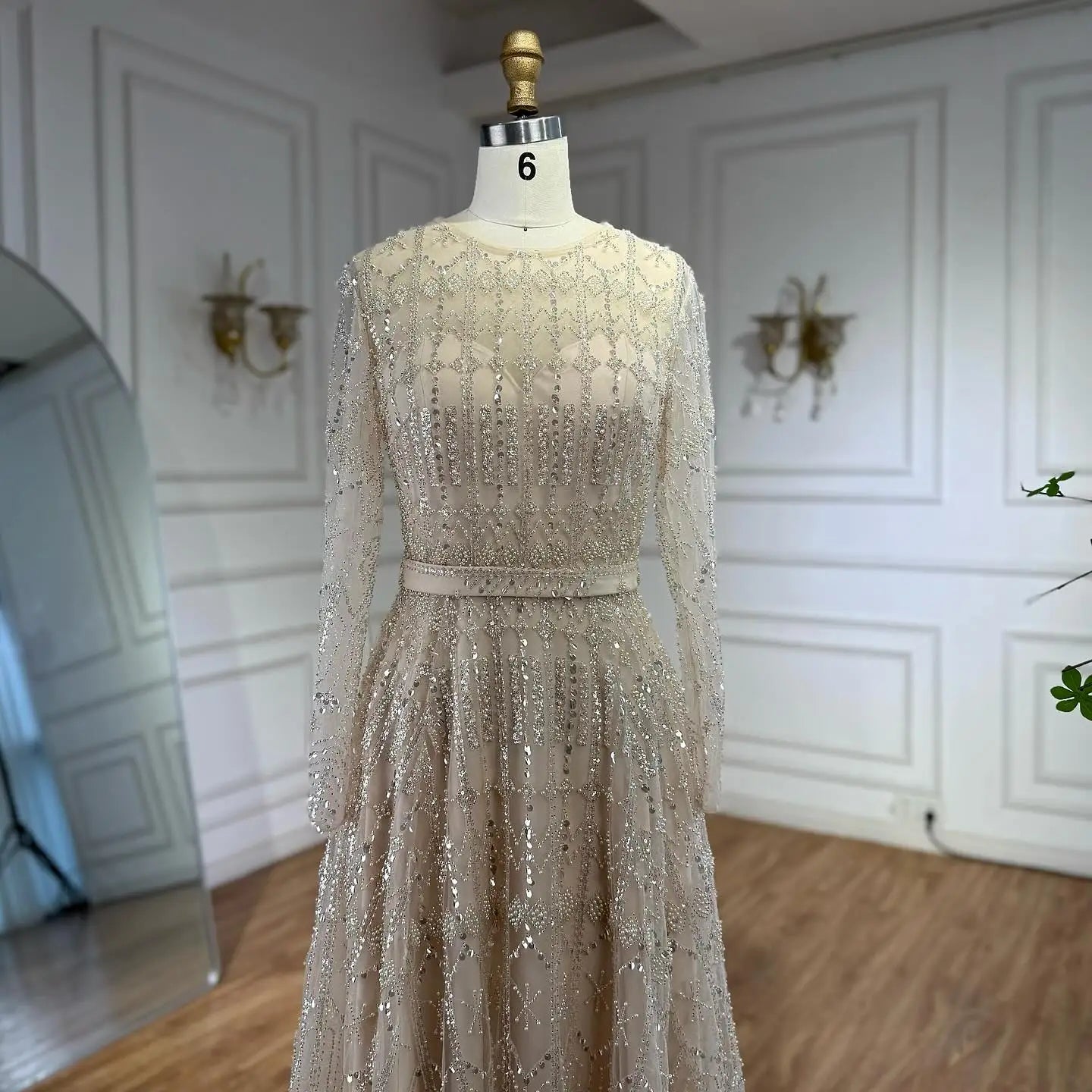 Luxury Nude A-Line Pearls Beaded Evening Dress LA73174 - SERENE HILL