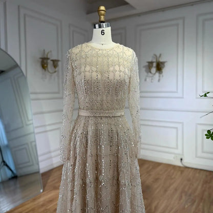 Luxury Nude A-Line Pearls Beaded Evening Dress LA73174 - SERENE HILL