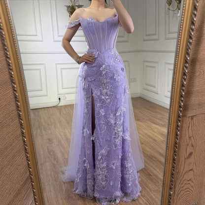 Lilac Off Shoulder Beaded High Slit Tulle Gown LA72874 - SERENE HILL