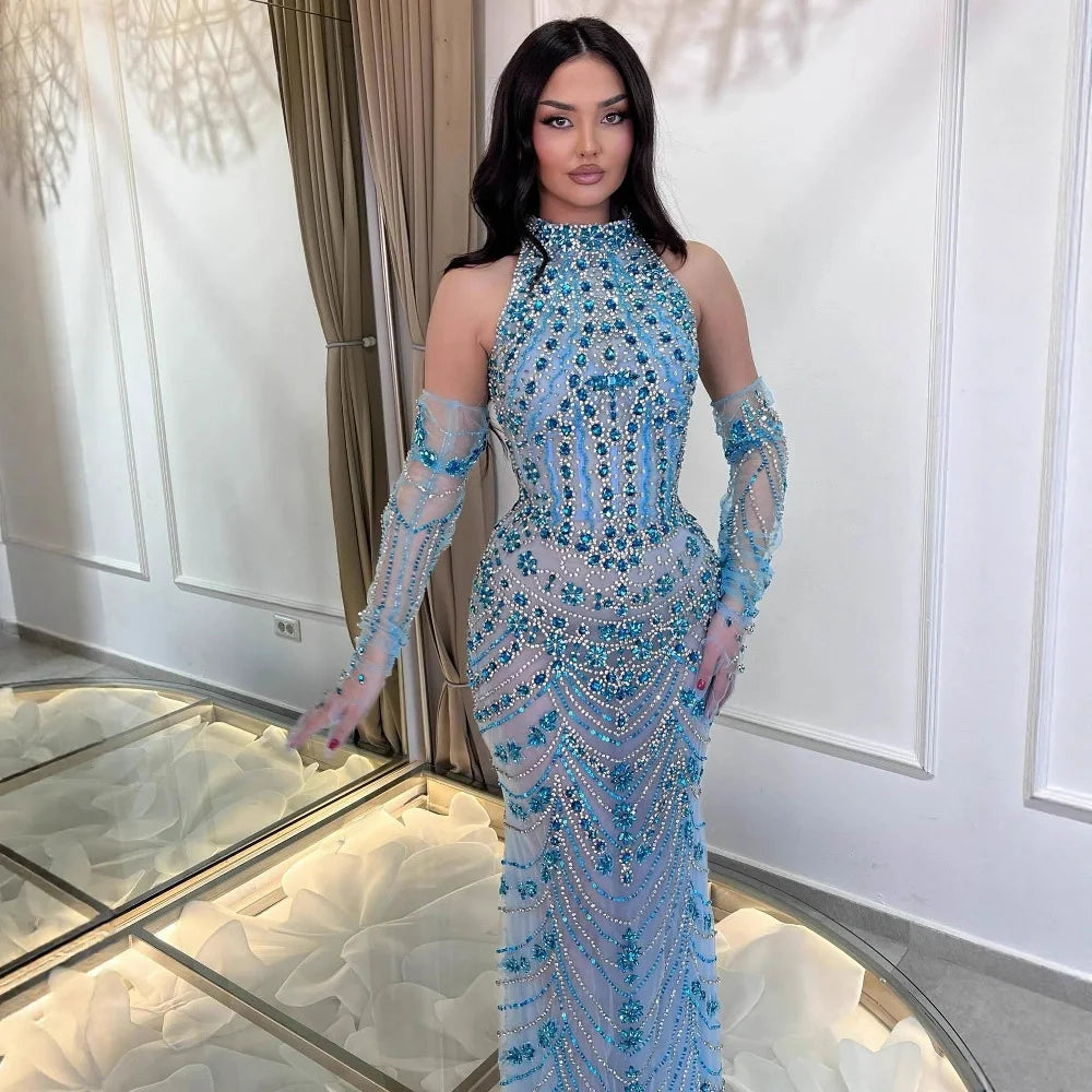 Luxury Dubai Arabic Blue Beaded Evening Dress with Gloves LA72760A - SERENE HILL