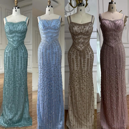 Luxury Arabic Blue Spaghetti Strap Mermaid Evening Dress Beaded LA72725 - SERENE HILL