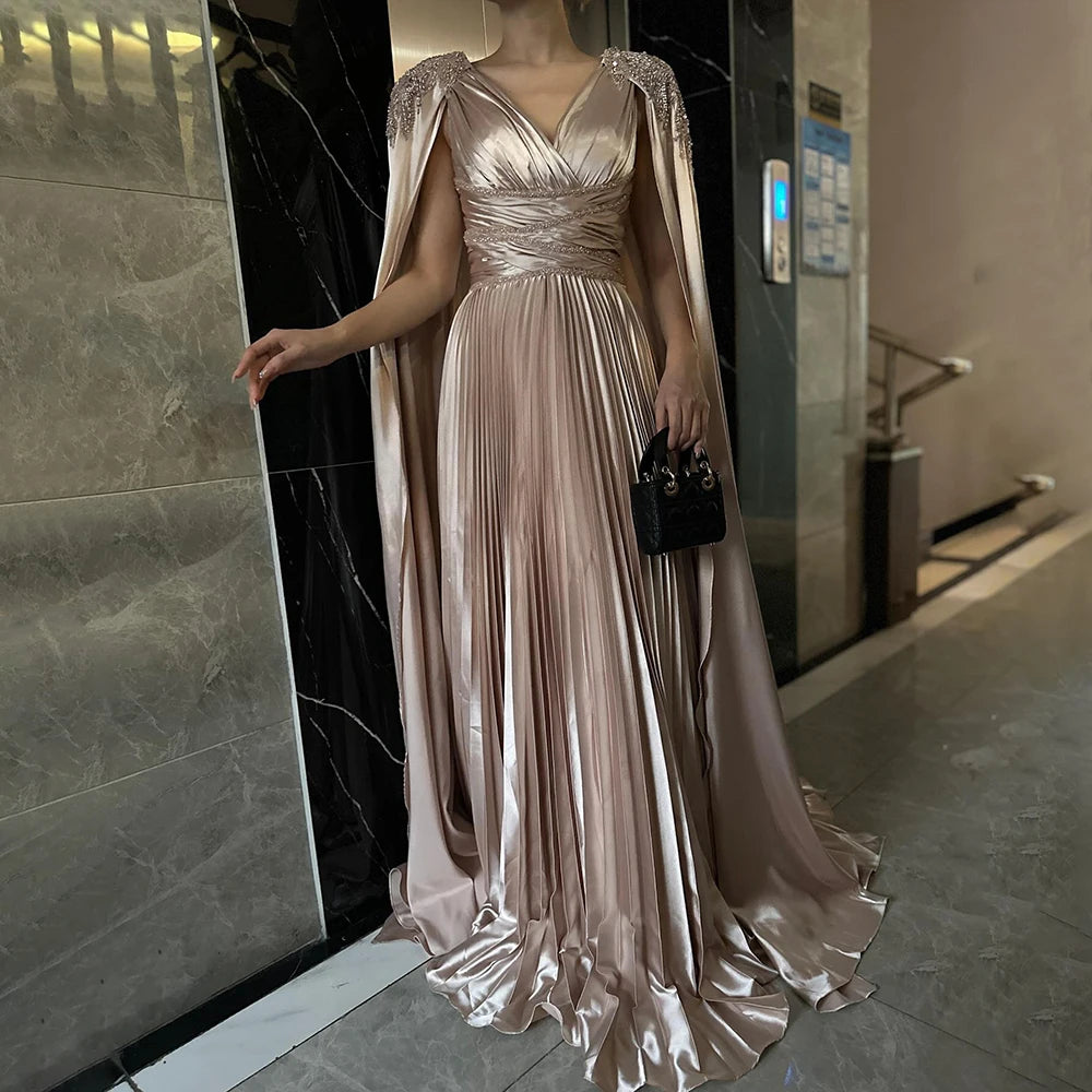 Rose Gold Beaded Satin A-Line Evening Dress with Cape Sleeves LA72663 Rose Gold / 8