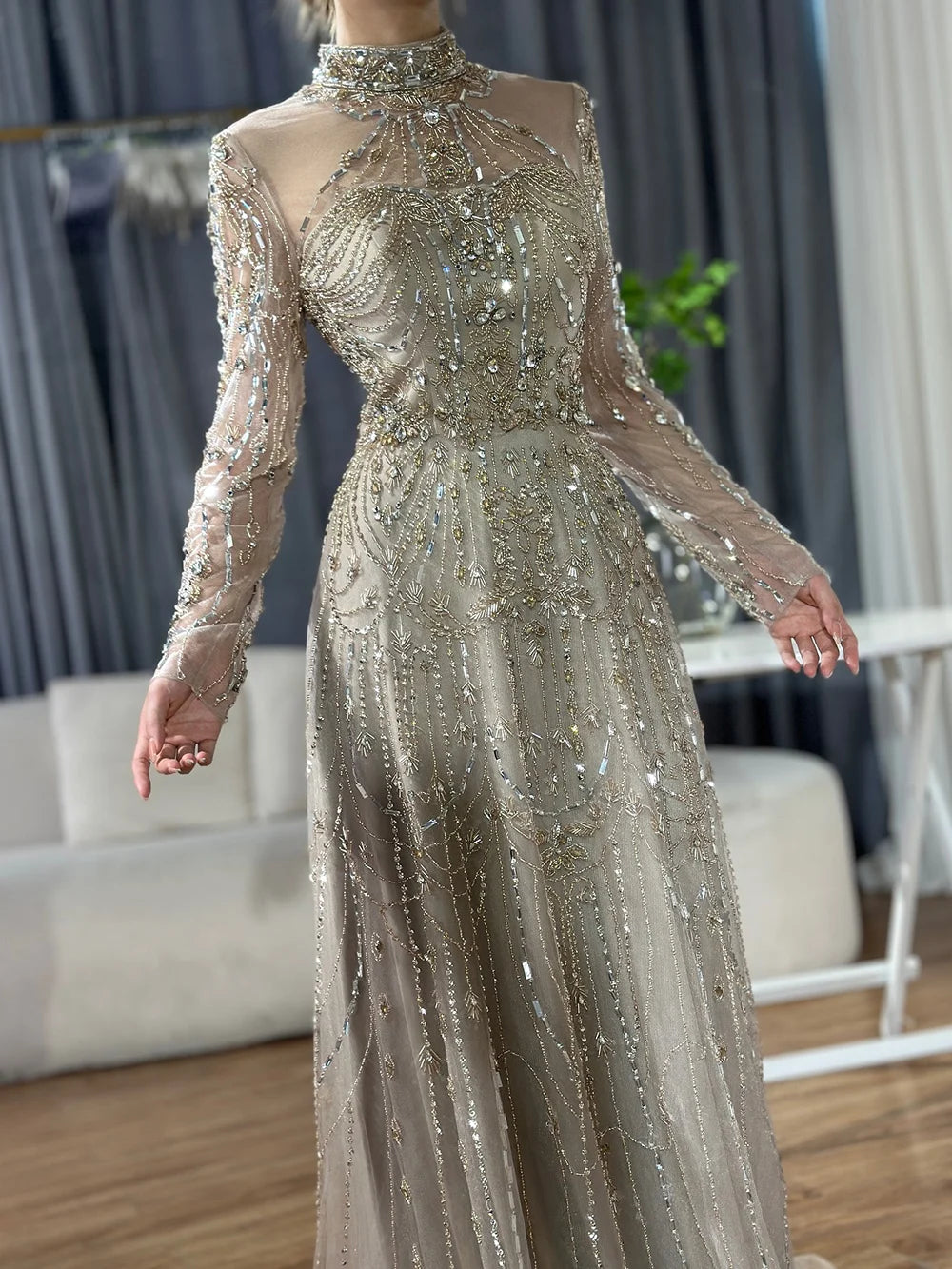 Luxury Dubai Designer Modest A-Line Blue Lace Beaded Evening Dresses LA72704 - SERENE HILL
