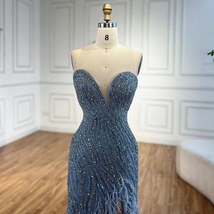 Luxury Blue Feather Beaded Evening Dress with Side Skirt LA72695 - SERENE HILL