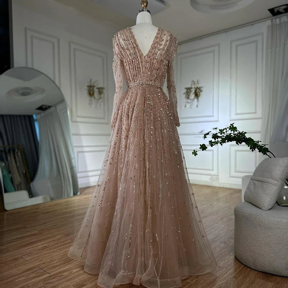 Luxury Nude A Line Beaded Evening Dress for Formal Occasion LA71803D - SERENE HILL