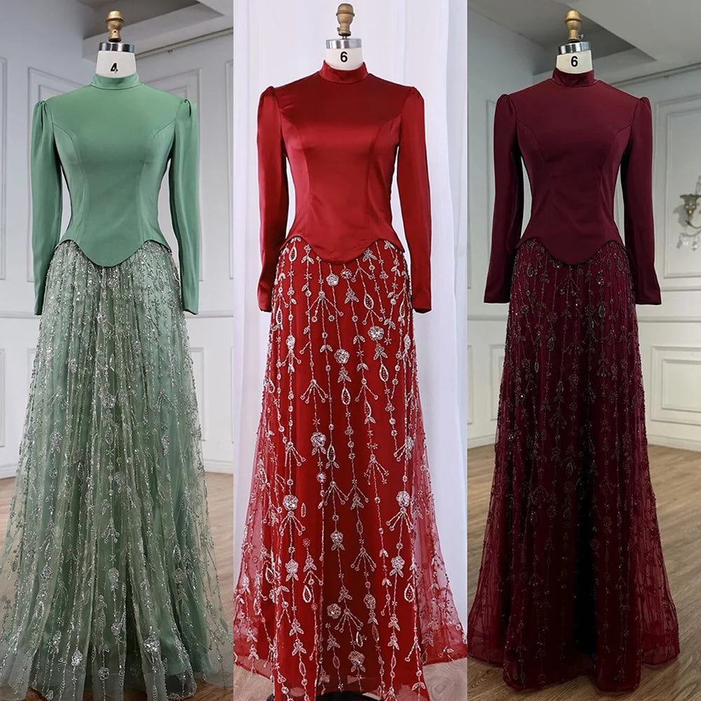 Luxury Sage Green Muslim Beaded Evening Dress LA72805A - SERENE HILL