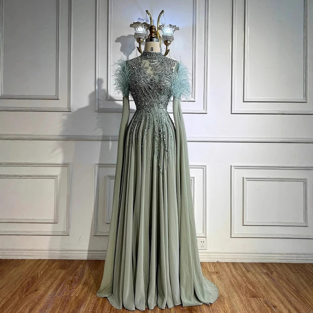 Luxury Pink Feather Beaded Evening Dress with Long Cape Sleeves LA72982 - SERENE HILL