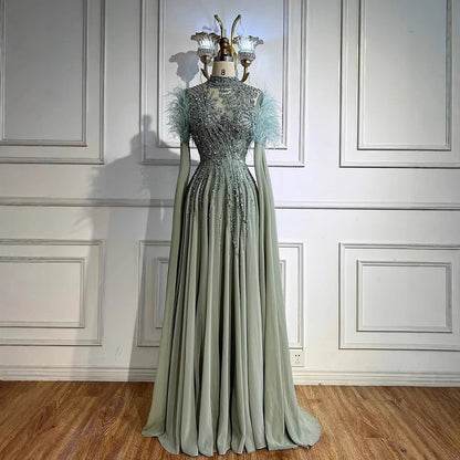 Luxury Pink Feather Beaded Evening Dress with Long Cape Sleeves LA72982 - SERENE HILL