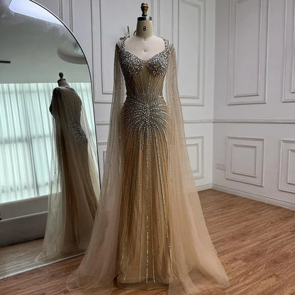 Luxury Nude Beaded Evening Dress with Cape Sleeves LA72575C - SERENE HILL