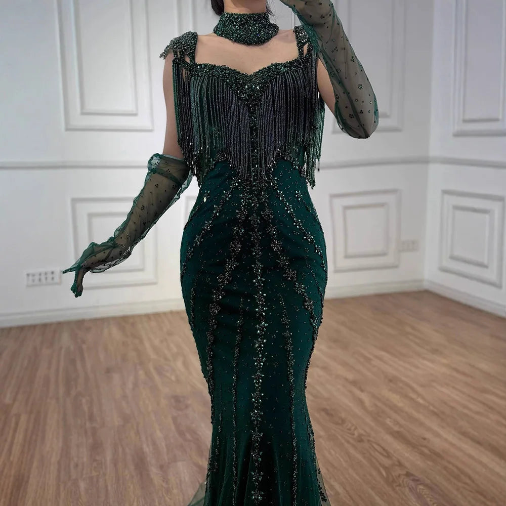Serene Hill Luxury Arabic Nude Kendall Jenner Mermaid Evening Dresses Beaded Tassel LA71540 Nude / 4