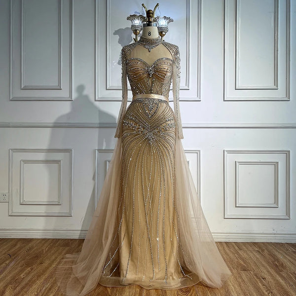 Luxury Nude Modest Beaded Evening Dress Long Sleeves With Overskirt LA72990