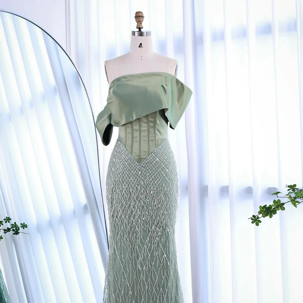 Sage Green Off Shoulder Tassel Beaded Mermaid Evening Dress LA73037 - SERENE HILL