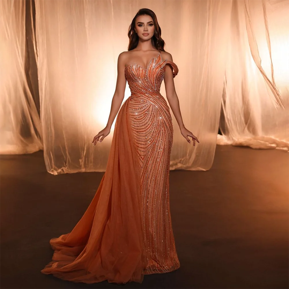 Luxury Dubai Arabic Blue One Shoulder Luxury Dubai Evening Gown with Side Overskirt Beaded Dress for Women&