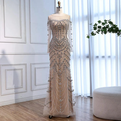 Luxury Off Shoulder Beaded Evening Dress with Long Sleeves and Train LA72930 - SERENE HILL