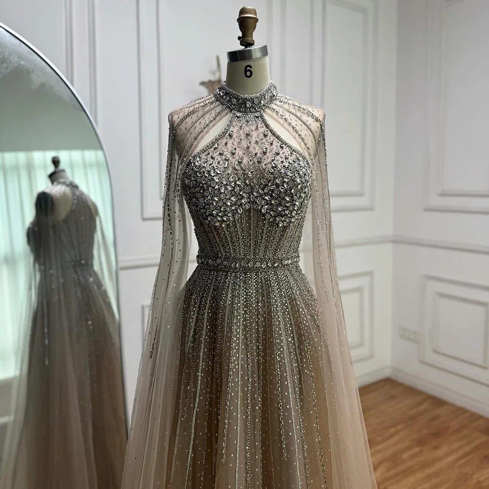 Luxury Beaded A-Line Evening Dress with Cape Sleeves LA73054 - SERENE HILL