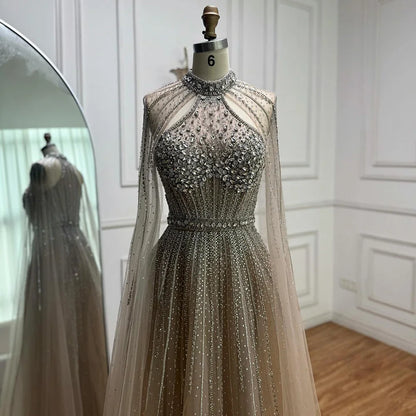 Luxury Beaded A-Line Evening Dress with Cape Sleeves LA73054 - SERENE HILL