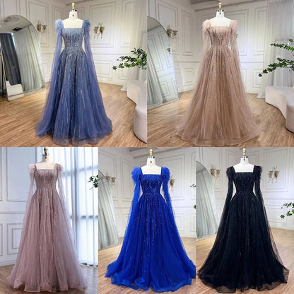 Blue Luxury Feathers Arabic Evening Dresses with Cape LA72236 - SERENE HILL
