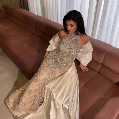 Luxury Kosovo Nude Halter Beaded Evening Dress with Bow Cape LA73218 - SERENE HILL
