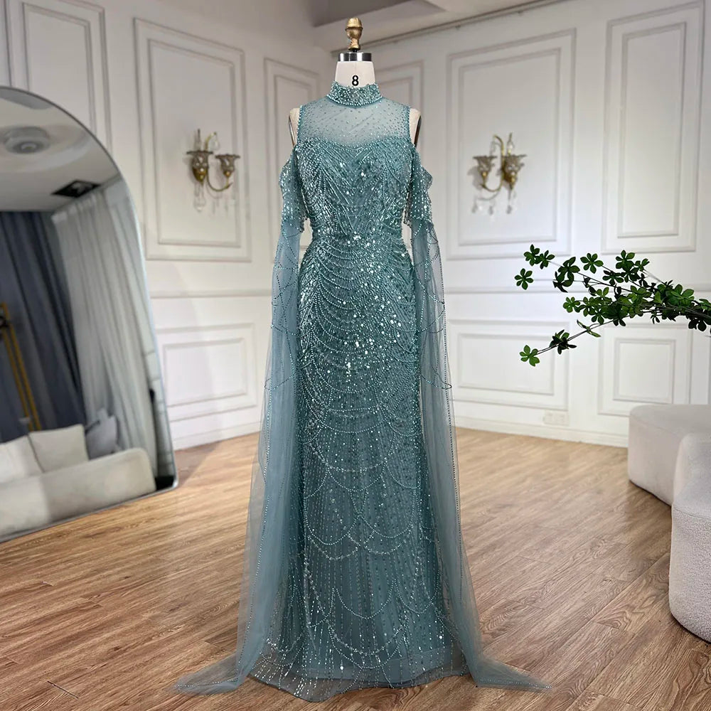 Serene Hill Dubai Pink Cape Sleeves Mermaid Beaded Luxury Long Arabic Evening Dresses Gowns for Woman Wedding Party LA71992A - SERENE HILL