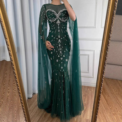 Luxury Green Beaded Mermaid Dress with Cape Sleeves LA73115 - SERENE HILL