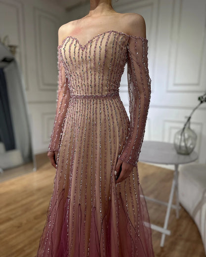 Luxury Dubai Arabic Purple Elegant A-Line Beaded Long Evening Dresses Gowns for Formal Occasion LA72752 - SERENE HILL