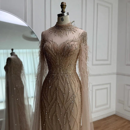 Luxury Nude Feather Beaded High Neck Formal Evening Dress for Women LA71885C - SERENE HILL