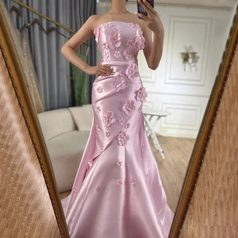 Luxury Dubai Saudi Pink Ruched Appliques Satin Mermaid Evening Dress Gown Lace-Up Back for Formal Occasion LA72740 - SERENE HILL