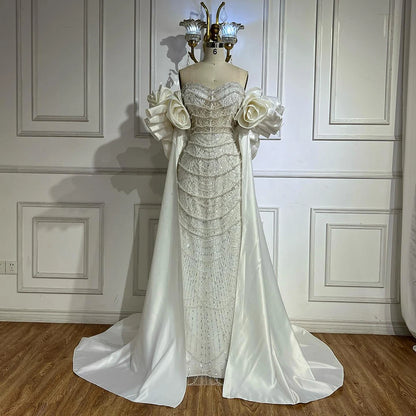 Red Long Cape Pearls Beaded Mermaid Evening Dress Gown LA72585A - SERENE HILL