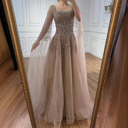 Luxury Caramel A-Line Beaded Evening Dress with Cape Sleeves LA73089A - SERENE HILL