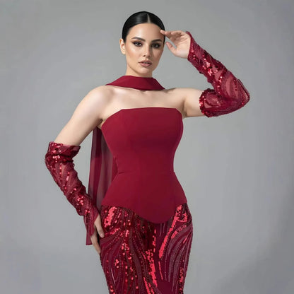 Luxury Wine Red Mermaid Evening Dress With Gloves LA73050E - SERENE HILL