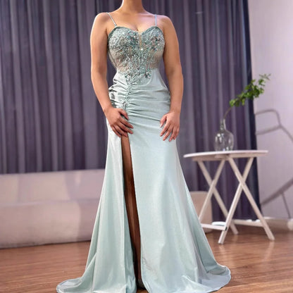 Classy Navy Satin Prom Dress with Lace Beaded and Slit LA73003 - SERENE HILL