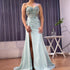 Classy Navy Satin Prom Dress with Lace Beaded and Slit LA73003 - SERENE HILL