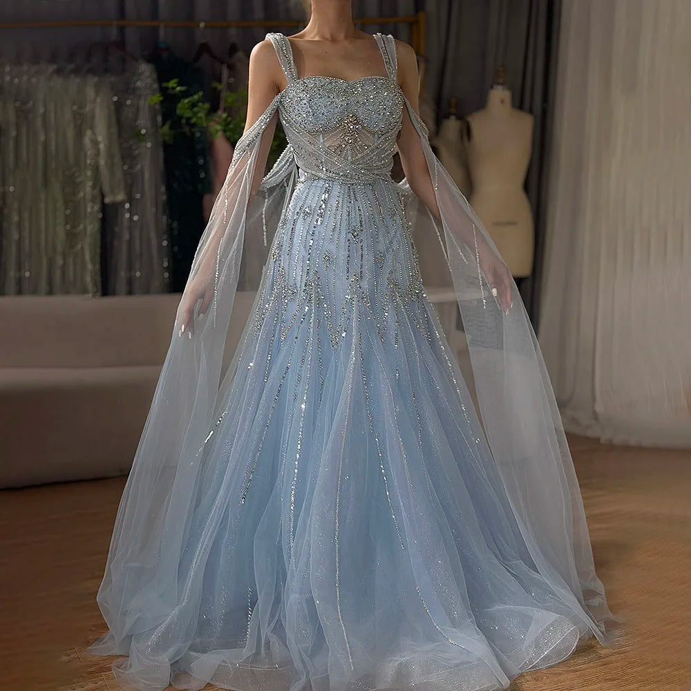 Luxury Dubai pink Beaded Spaghetti Strap Design A-Line Evening Dresses Gowns with Cape Sleeves for Formal Occasion LA72726 - SERENE HILL