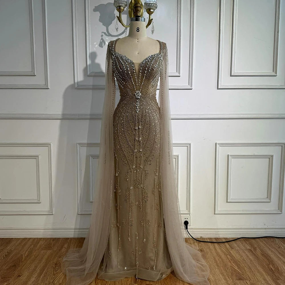 Luxury Designer Beige Beaded Evening Dress with Cape Sleeves LA72992 Beige / 6