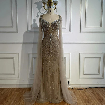 Luxury Designer Beige Beaded Evening Dress with Cape Sleeves LA72992 - SERENE HILL