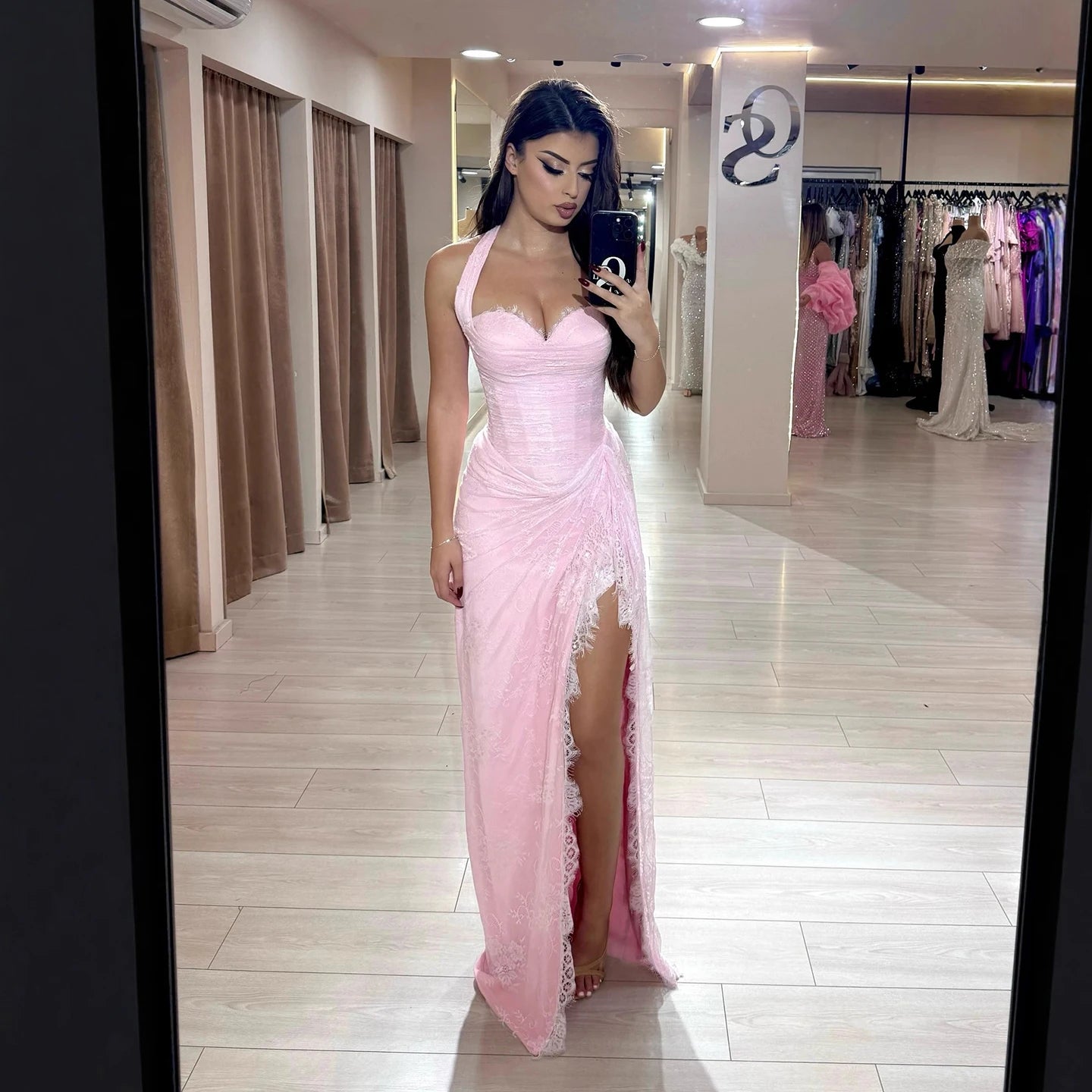 Luxury Pink Lace Halter Saudi Arabic High Split Evening Dress LA73372 - SERENE HILL