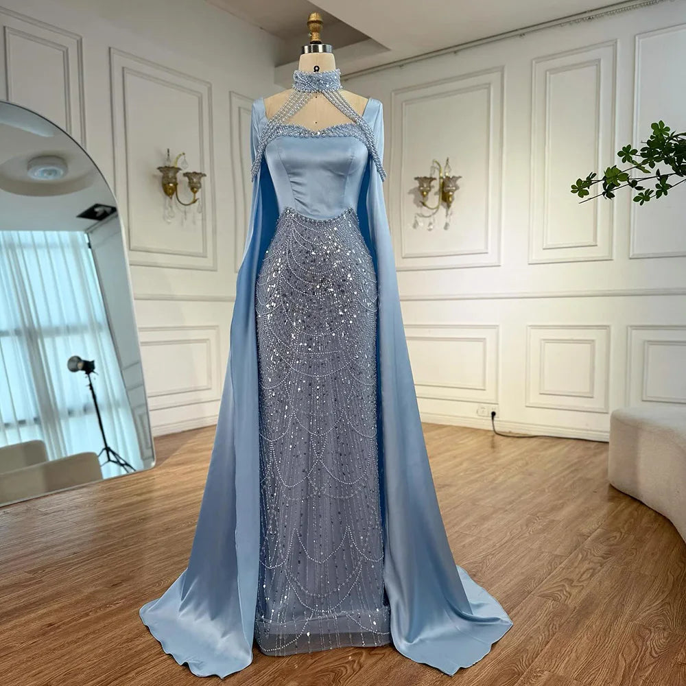 Luxury Arabic Pearls Pink Evening Dress with Cape LA73051 - SERENE HILL