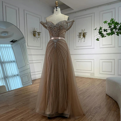 Luxury Nude Arabic Crystal Beaded Mermaid Off Shoulder Evening Dress LA73128 - SERENE HILL