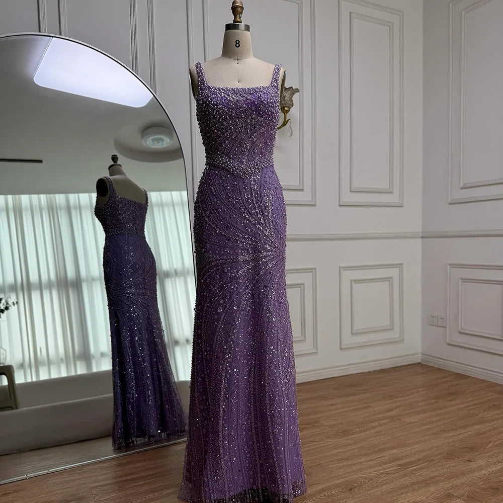 Luxury White Nude Pearl Beaded Mermaid Evening Dress LA72266 - SERENE HILL