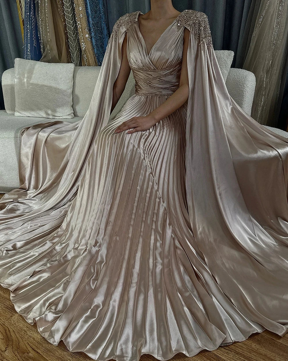 Rose Gold Beaded Satin A-Line Evening Dress with Cape Sleeves LA72663 SERENE HILL Rose Gold Beaded Satin A-Line Evening Dress with Cape Sleeves LA72663 SERENE HILL