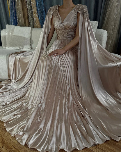 Rose Gold Beaded Satin A-Line Evening Dress with Cape Sleeves LA72663 - SERENE HILL