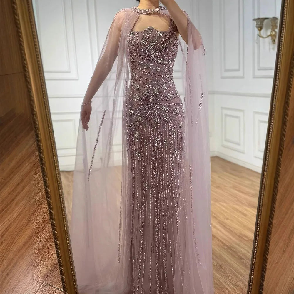 Luxury Caramel Mermaid Evening Dress with Cape Sleeves LA73052 - SERENE HILL