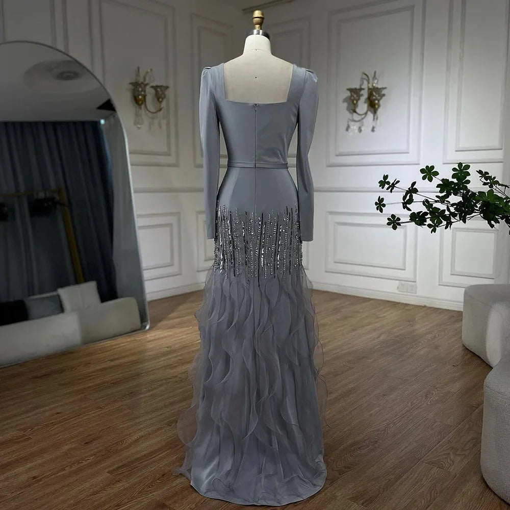 Serene Hill Arabic Gray Mermaid Elegant Ankle Length Beaded Satin Luxury Evening Dresses Gowns For Women Party 2025 LA72317 - SERENE HILL